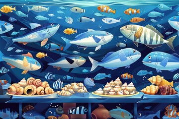 Colorful underwater scene with various fish and shells, showcasing marine biodiversity in a vibrant blue aquatic environment.