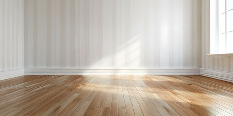 Vintage oak floor and striped vinyl wallpaper in empty living room. Concept Interior Design, Vintage Decor, Oak Flooring, Striped Wallpaper