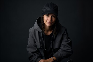Portrait of a young woman in a black hoodie and cap