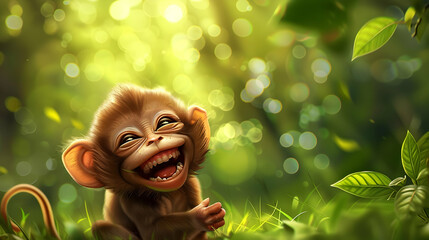 a smiling monkey with brown eyes and an open mouth sits in the grass, surrounded by green leaves