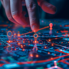 close up of a hand holding a needle on the map，Electronic map concept，A digital hand places two pins on a map, highlighting AI technology in GPS, innovation delivery, map location, future transport lo