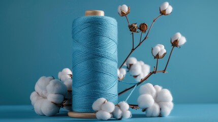 Canvas Print - Cotton bolls with blue yarn reel representing agricultural crop and raw material