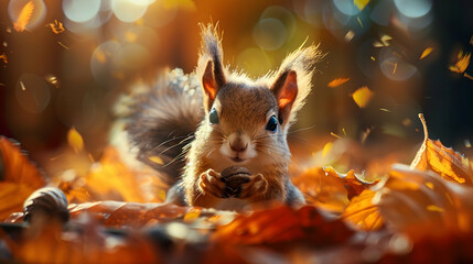 a squirrel with a pink nose and long white whiskers enjoys a snack of nuts while perched on a leafy branch