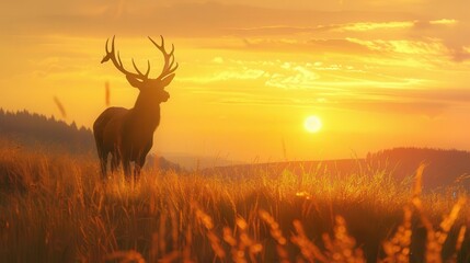 Wall Mural - majestic deer silhouette golden sunset sky rolling hills long grass swaying warm hues peaceful landscape natures harmony