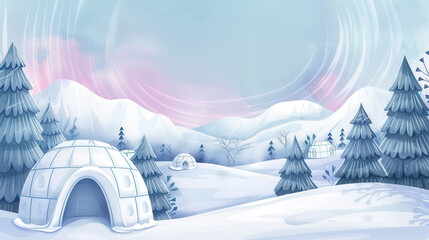 Scenic winter landscape with igloos and snow-covered pine trees under a colorful sky, capturing the serene beauty of a snowy wonderland.