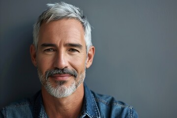 Wall Mural - Portrait of handsome mature man with grey hair against grey background.