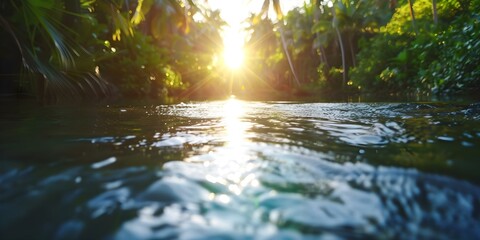 Wall Mural - Sunlight filtering through branches as tropical river flows through dense jungle. Concept Nature, Sunlight, Tropical, River, Jungle