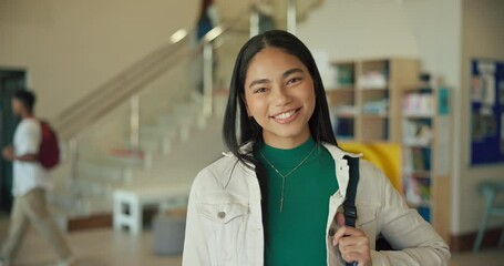 Poster - Smile, high school and portrait of Asian girl with backpack for education, growth and development on campus. Happy, face and student in hallway of learning academy with confidence, pride and teenager