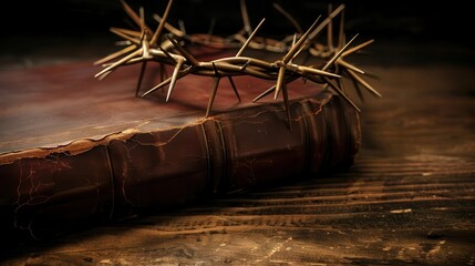 Wall Mural - ornate golden crown of thorns resting on ancient leatherbound bible dramatic lighting emphasizes symbolic religious imagery creating a powerful and evocative still life