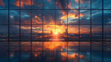 Wall Mural - poster collage famous landmarks and places around the globe, 1 airplane circulating around earth, airport terminal with sundown in the background.