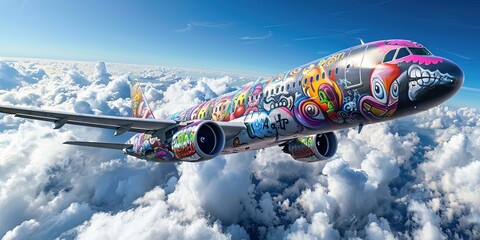 commercial jet flying through the air covered in colorful graffiti murals