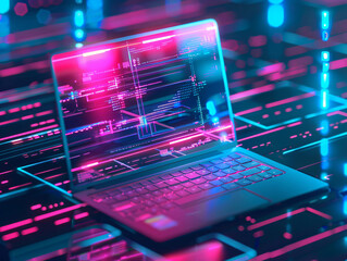 Futuristic laptop with neon light and code on the screen on a black and pink background with copy space text for technology, coding, and future design.