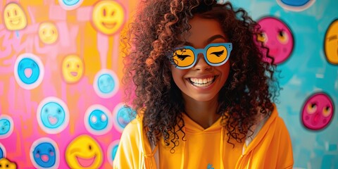 Wall Mural - gen z girl is in emoji likes heaven