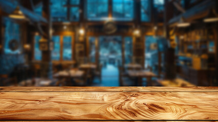 A pristine wooden table featured in front of softly blurred restaurant scene at night. This setting offers perfect table space for placing food culinary displays, reflecting restaurant's ambiance.