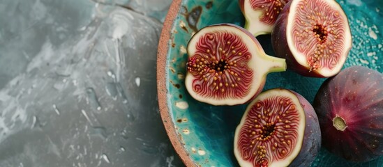 Wall Mural - Close-up of ripe purple figs on a green plate