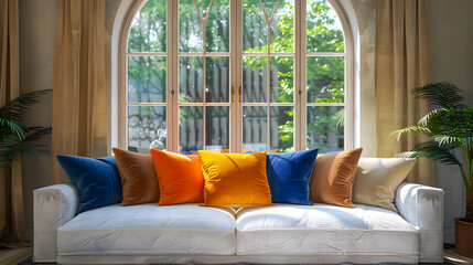 Canvas Print - Rustic sofa with colorful pillows against arch window