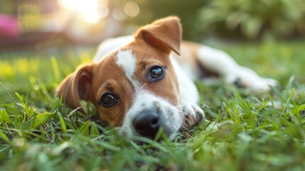 Canvas Print - Joyful young Jack Russell pup rests on the lawn