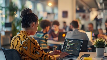Focused female programmer coding on laptop in busy office, software developer working on project, tech startup company concept