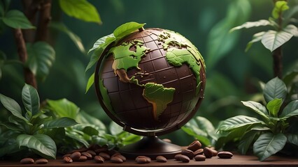 World chocolate day, chocolate globe in a forest surrounded with cocoa beans and leaves, modern blurred background for banners, posters, cards, advertisement