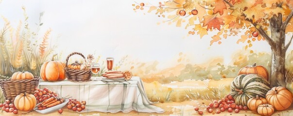 Watercolor background of a Thanksgiving picnic in an autumn park, rustic setup, outdoor celebration