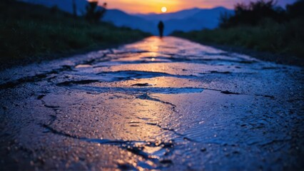 Wall Mural - Wet Road at Sunset.