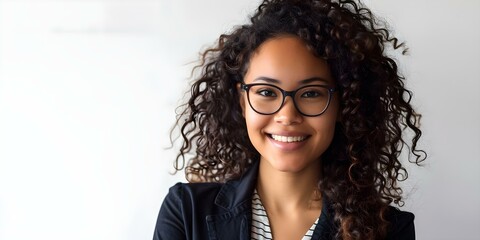Wall Mural - Young woman with curly hair and glasses smiling at camera on white background. Concept For a topic, you can use 