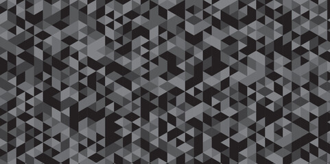 Wall Mural - Abstract geometric black and gray background seamless mosaic and low polygon triangle texture wallpaper. Triangle shape retro wall grid pattern geometric ornament tile vector square element.