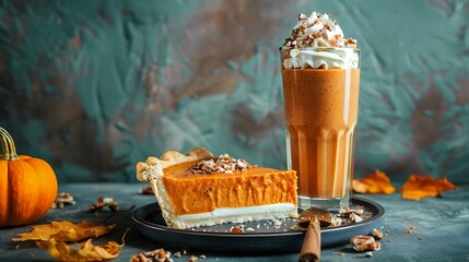 Wall Mural - Pumkin pie and pumpkin smoothie with cream green and blue background