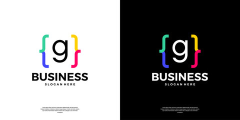 Colorful coding logo icon. Letter G logo with modern code programing symbol logo design.