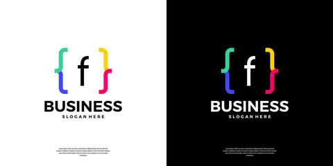 Colorful coding logo icon. Letter F logo with modern code programing symbol logo design.