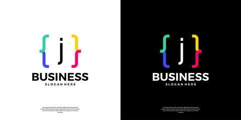 Colorful coding logo icon. Letter J logo with modern code programing symbol logo design.