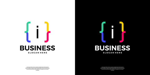 Colorful coding logo icon. Letter I logo with modern code programing symbol logo design.