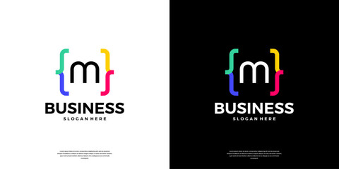 Colorful coding logo icon. Letter M logo with modern code programing symbol logo design.