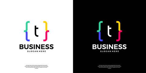 Colorful coding logo icon. Letter T logo with modern code programing symbol logo design.