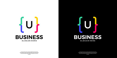 Colorful coding logo icon. Letter U logo with modern code programing symbol logo design.