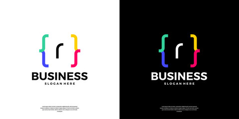 Colorful coding logo icon. Letter R logo with modern code programing symbol logo design.