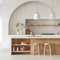 Wall Mural - Elegant Minimalist Kitchen with White Cabinets and Wooden Island in Bright and Peaceful Interior