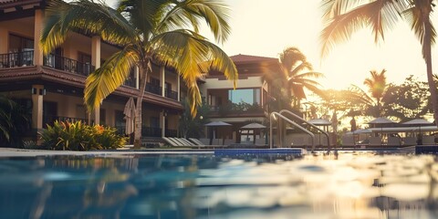 Canvas Print - Beachfront hotel with pool palms sunset digital travel photography. Concept Beachfront Hotel, Poolside, Palm Trees, Sunset, Digital Travel Photography