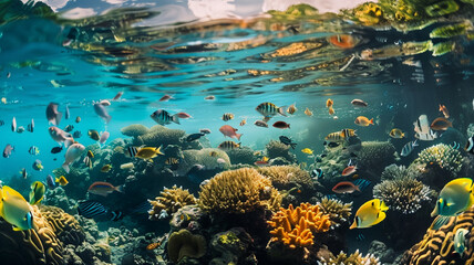 Wall Mural - Multi colored fish swim in transparent reef waters, AI Generative