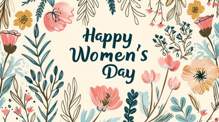 Sticker - Women day illustration background with wallpaper written Happy Women’s day in middle of flowers with muted colors
