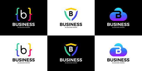 Set of letter B tech cloud, shield, coding logo design template.