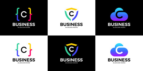 set of letter c tech cloud, shield, coding logo design template.
