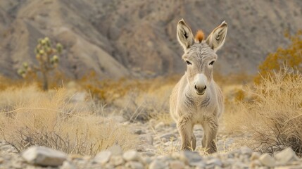 Wall Mural - Portrait of a Donkey with a Funny Face in the Field 