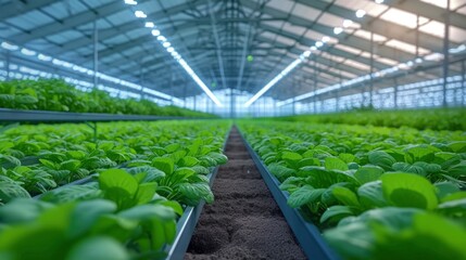 A perspective view of rows of green plants growing in a large greenhouse with metal beams and lighting.