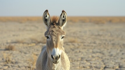 Wall Mural - Portrait of a Donkey with a Funny Face in the Field 