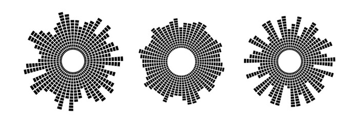 Poster - Black radial sound wave pattern set. Circular audio, music or voice icon collection. Round wavy equalizer spectrum symbol pack. Circle sunburst bundle. Vector soundwave element illustration