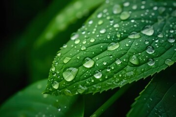 A macro photograph showcasing a green leaf adorned with glistening dewdrops.