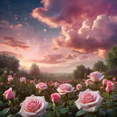 Fantasy dreamy background of magical morning or evening sky with fabulous romantic tender pink rose flowers garden, shining stars and mysterious clouds Generative AI 