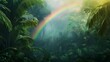 © AbsoluteAI - Serene rainforest scene with a vibrant rainbow arcing through lush green foliage, creating a magical and peaceful atmosphere.