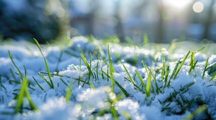 Wall Mural - Snow covered green grass